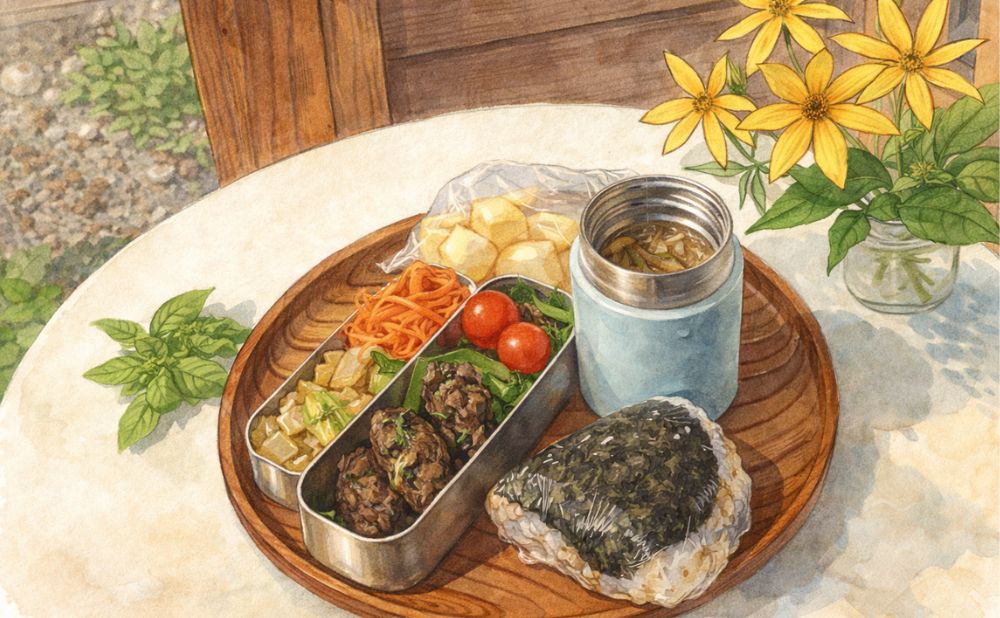 セブンイレブンの食材を使って無添加を意識した手作りお弁当のイラスト